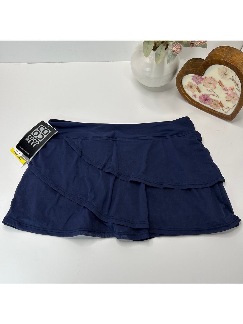 Coco Reef Tiered Swim Skirt with Built in Shorts Navy Blue Women Medium NWT